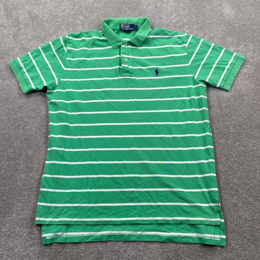 Polo Ralph Lauren Polo Shirt Mens L Green Striped Short Sleeve Pique Cotton
